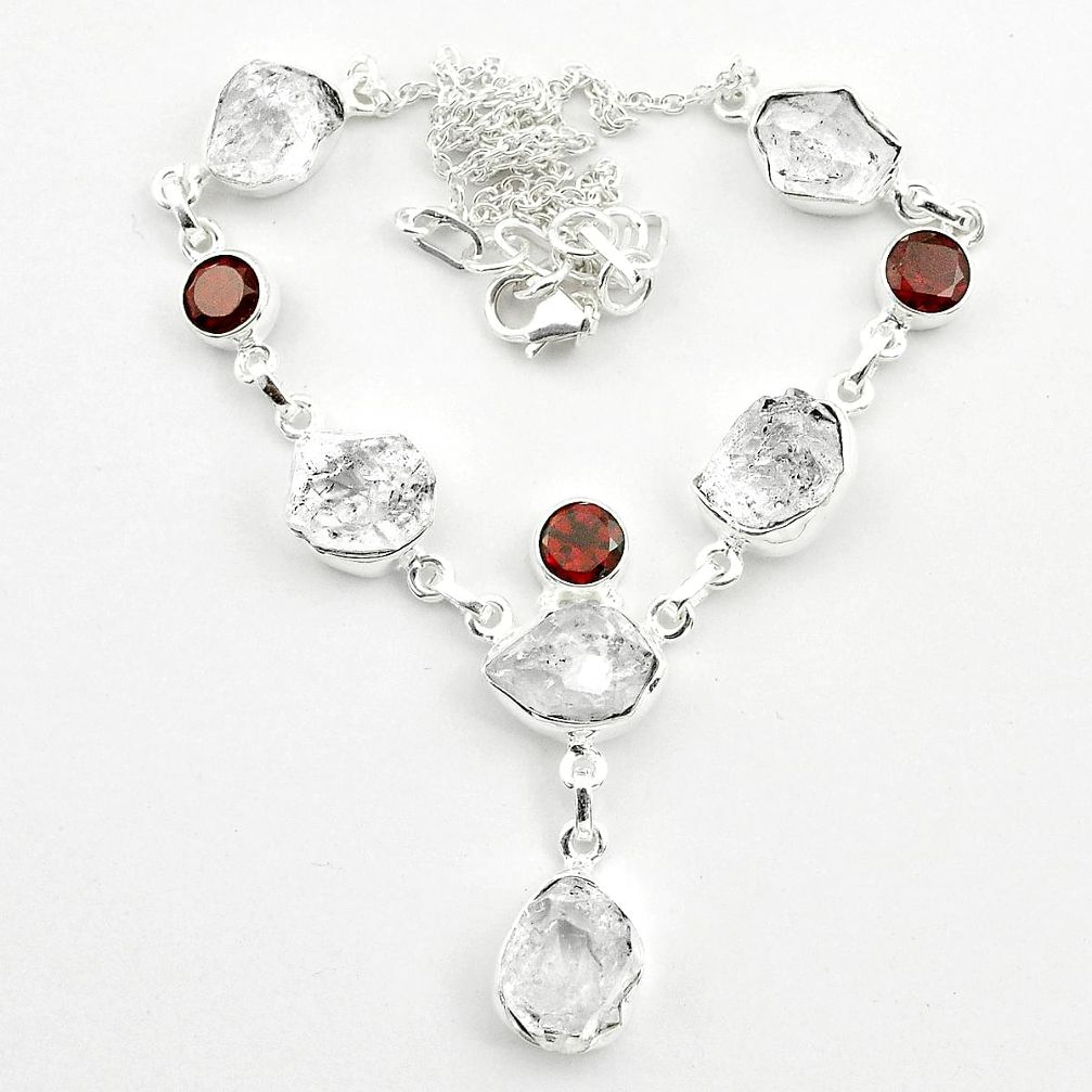 53.70cts natural white herkimer diamond red garnet 925 silver necklace t58961