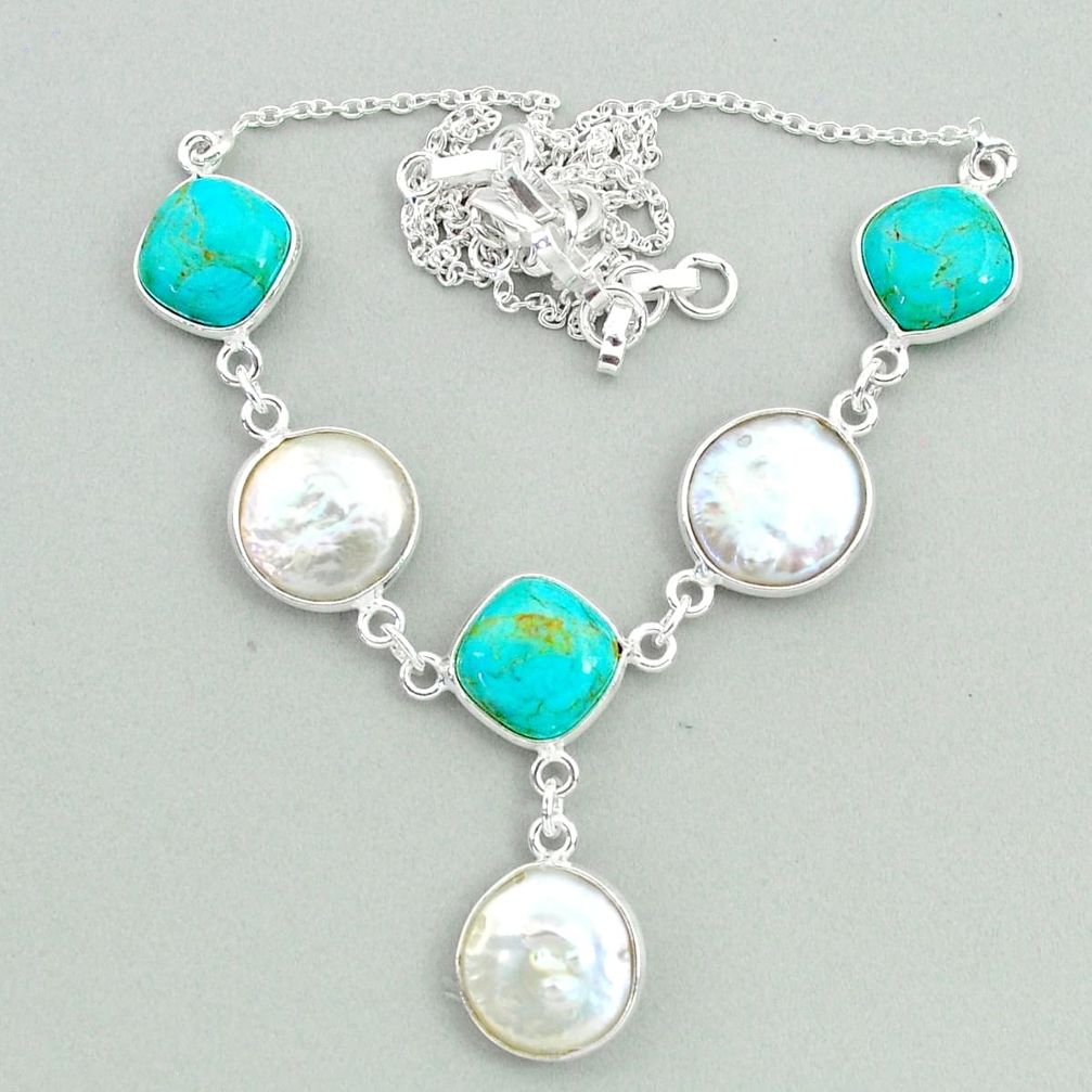 28.65cts natural white pearl arizona mohave turquoise 925 silver necklace t37269