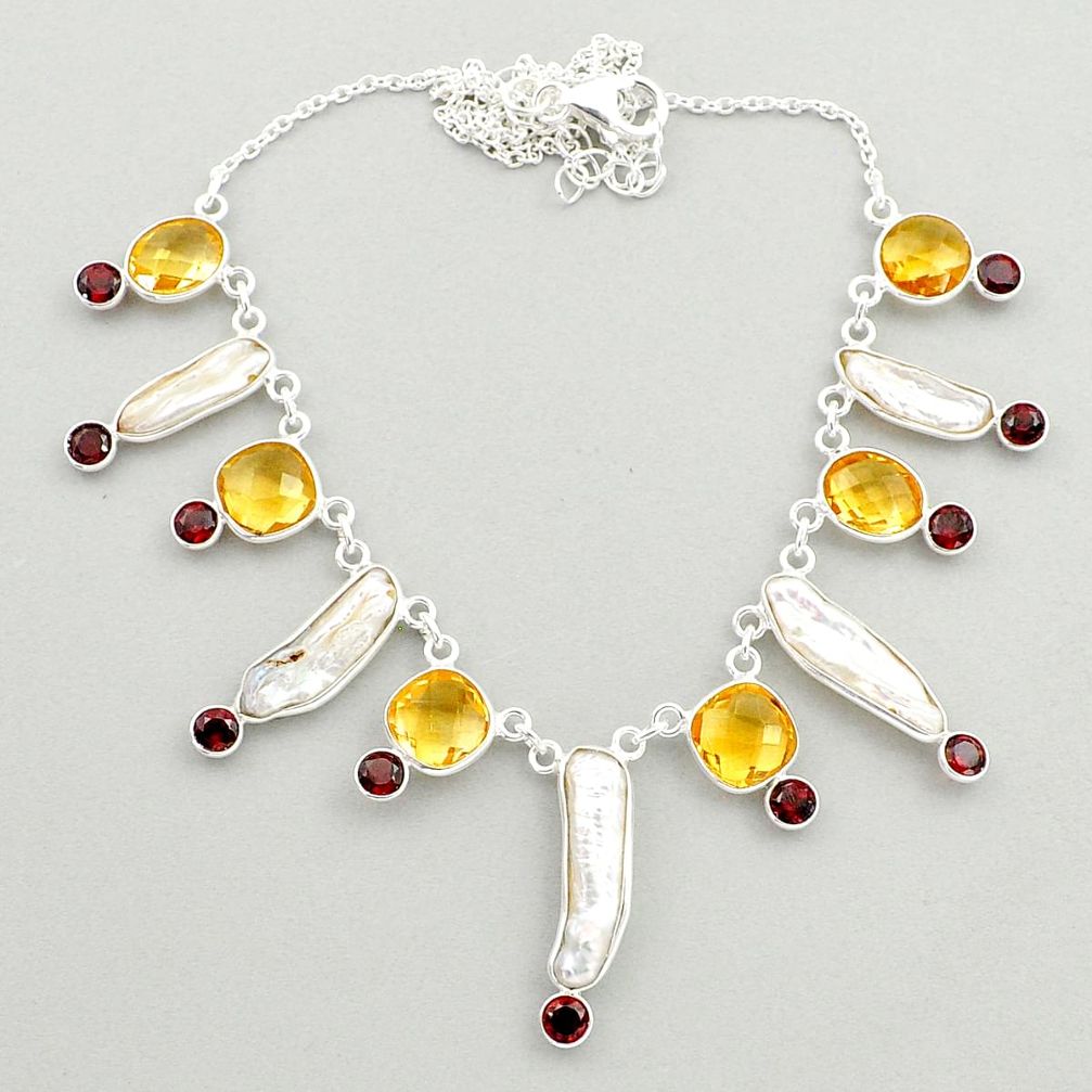 28.14cts natural white pearl citrine 925 sterling silver necklace jewelry u23671