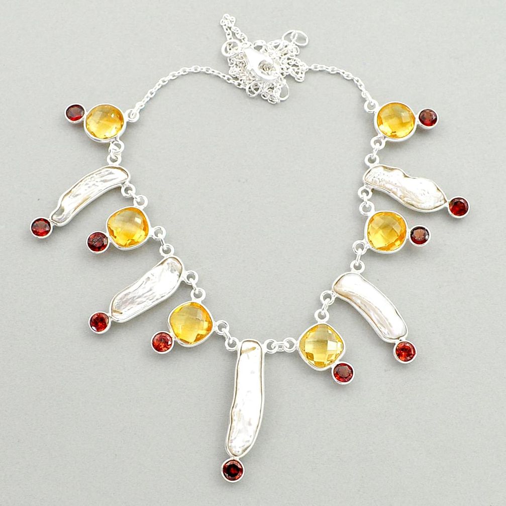 28.08cts natural white pearl citrine garnet 925 sterling silver necklace u23672