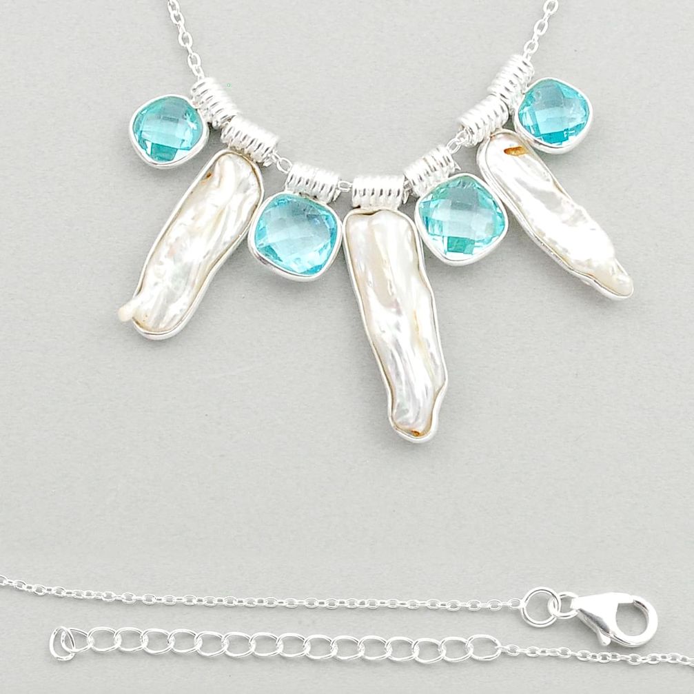 19.77cts natural white pearl fancy topaz 925 sterling silver necklace u23637