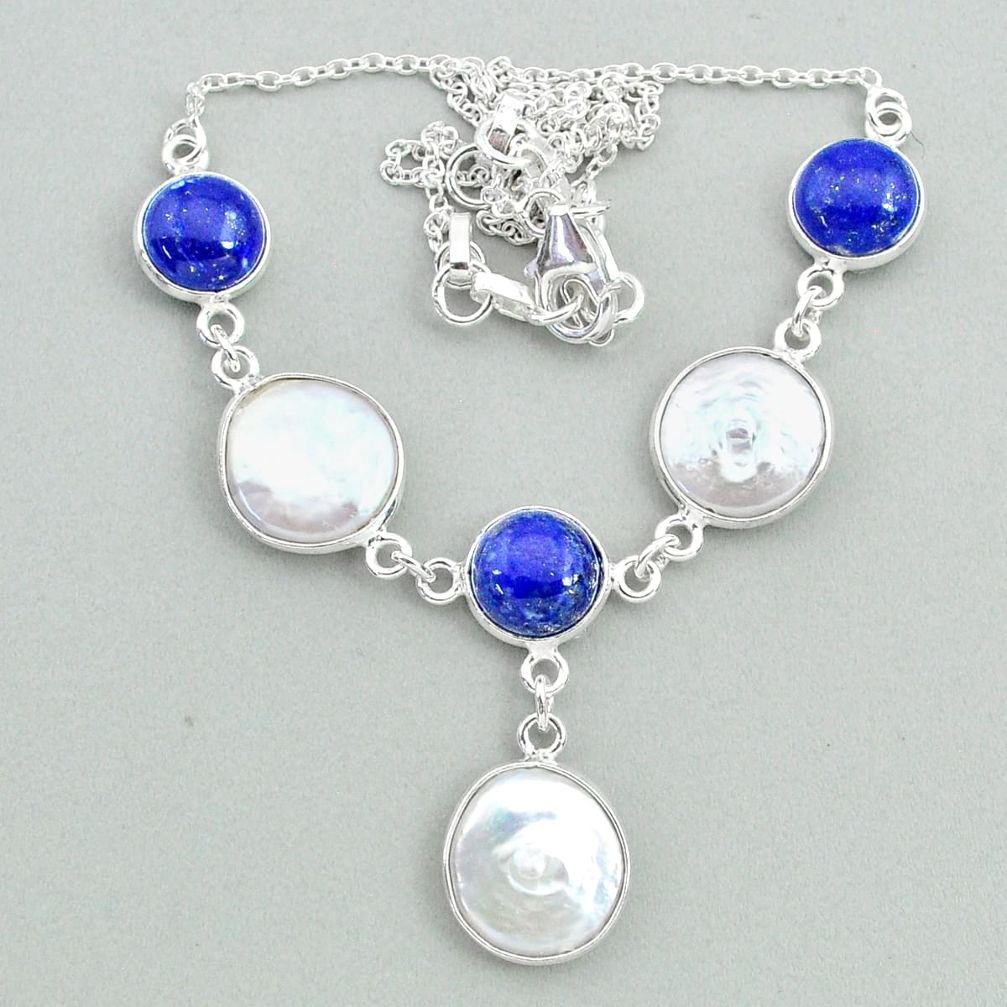 27.25cts natural white pearl lapis lazuli 925 sterling silver necklace t37275