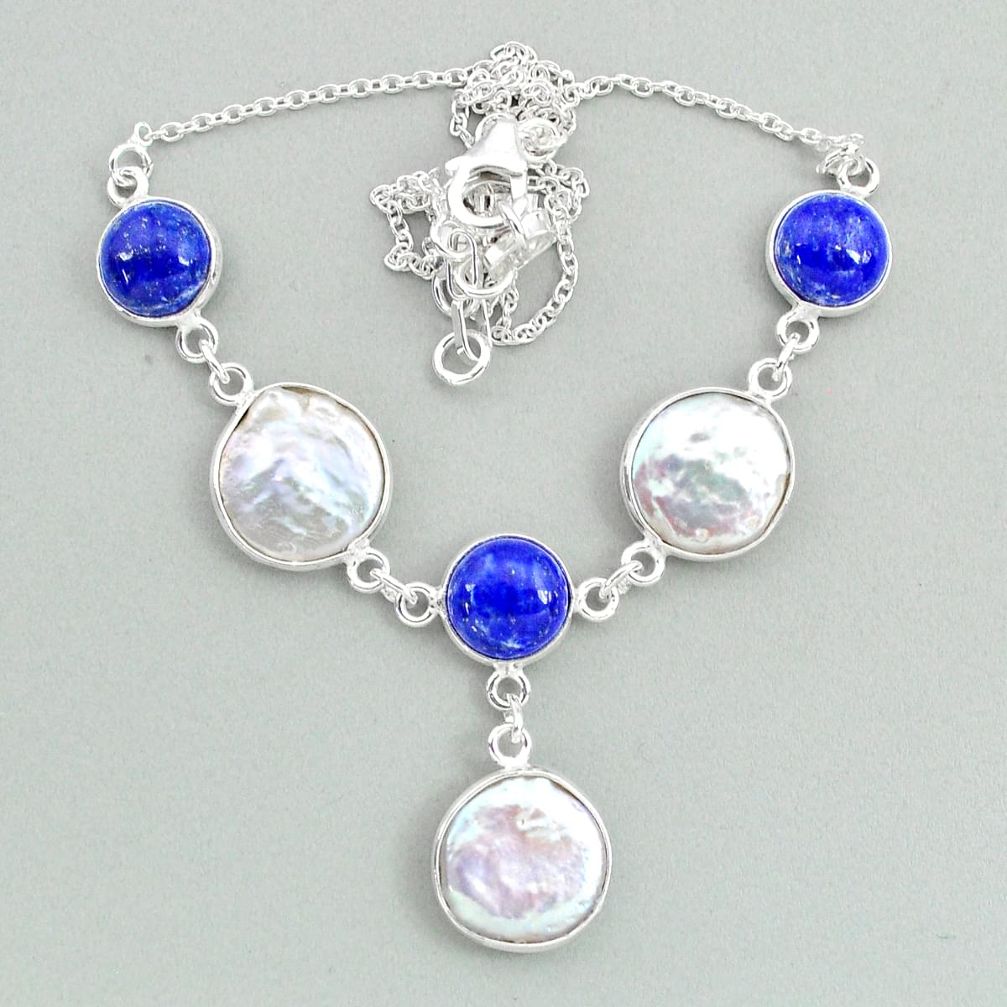 27.79cts natural white pearl lapis lazuli 925 sterling silver necklace t37277