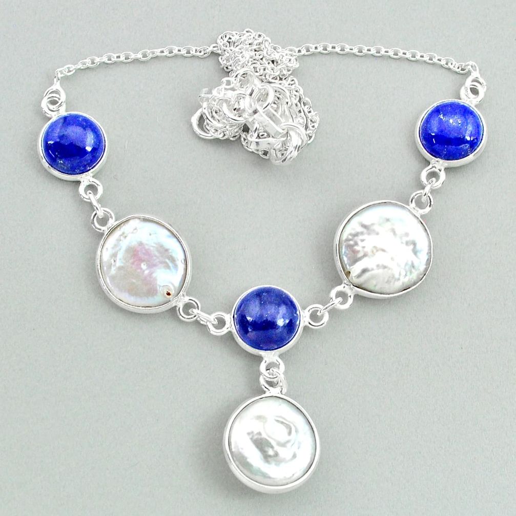 27.79cts natural white pearl lapis lazuli 925 sterling silver necklace t37278