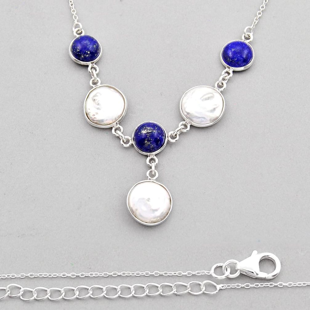 28.30cts natural white pearl lapis lazuli 925 sterling silver necklace y20097