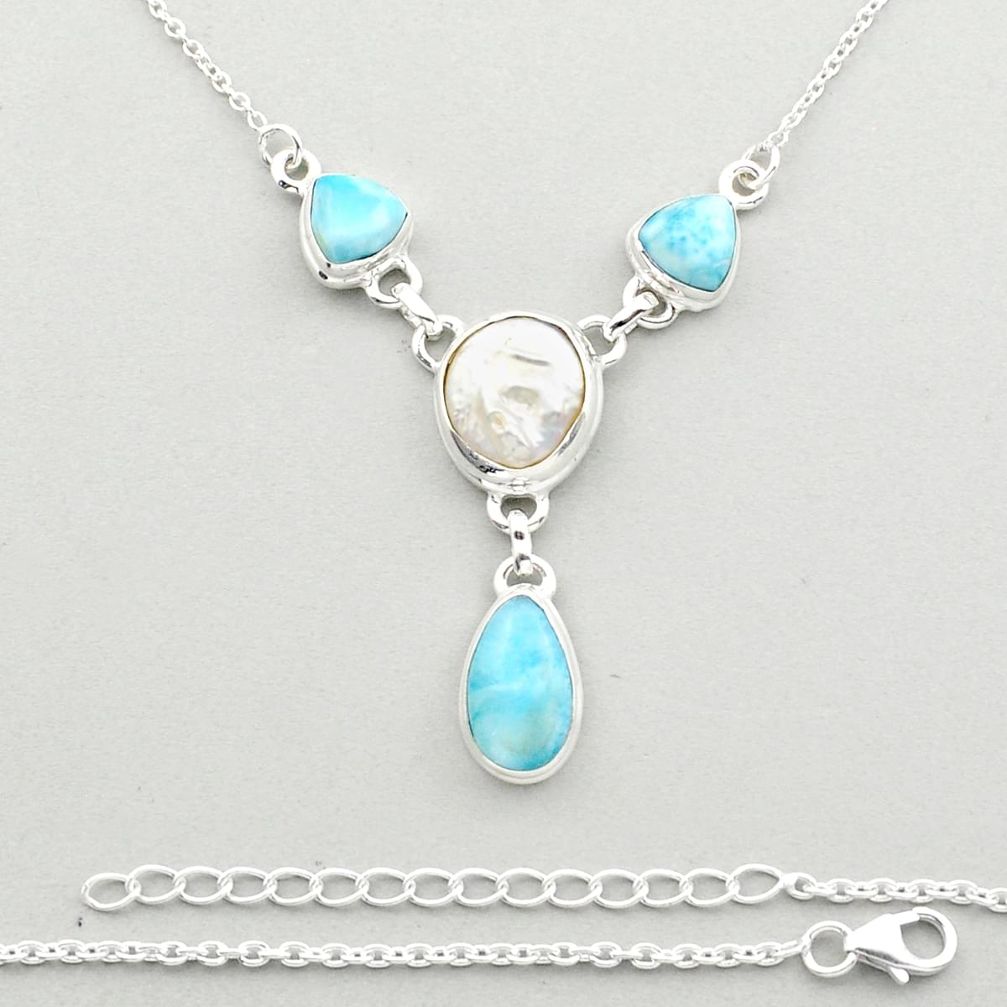 21.03cts sea life natural white pearl larimar 925 sterling silver necklace jewelry u14468