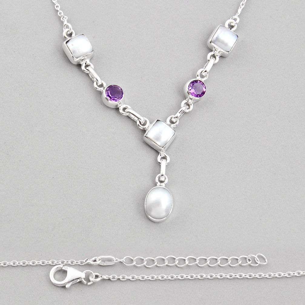 12.25cts natural white pearl purple amethyst 925 sterling silver necklace y28268