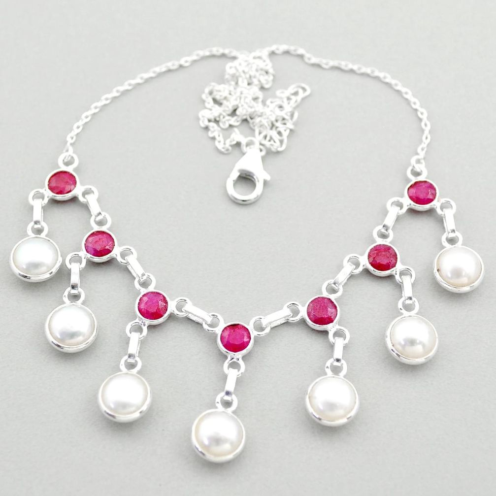 26.72cts natural white pearl ruby 925 sterling silver necklace jewelry t74012