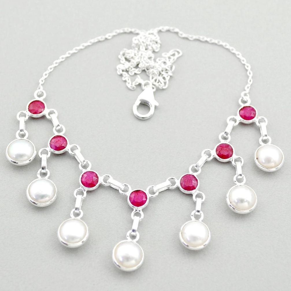 27.23cts natural white pearl ruby 925 sterling silver necklace jewelry t74015
