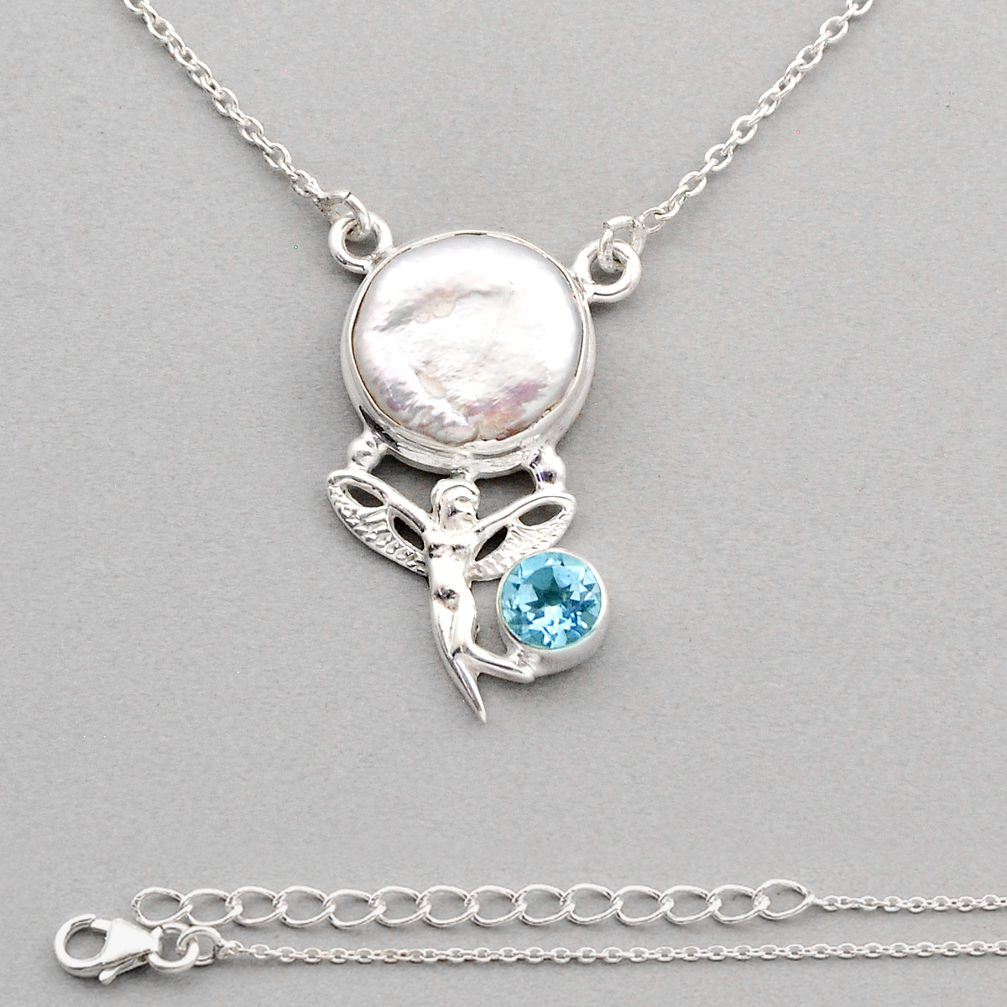 9.67cts natural white pearl topaz 925 silver angel wing fairy necklace y87056
