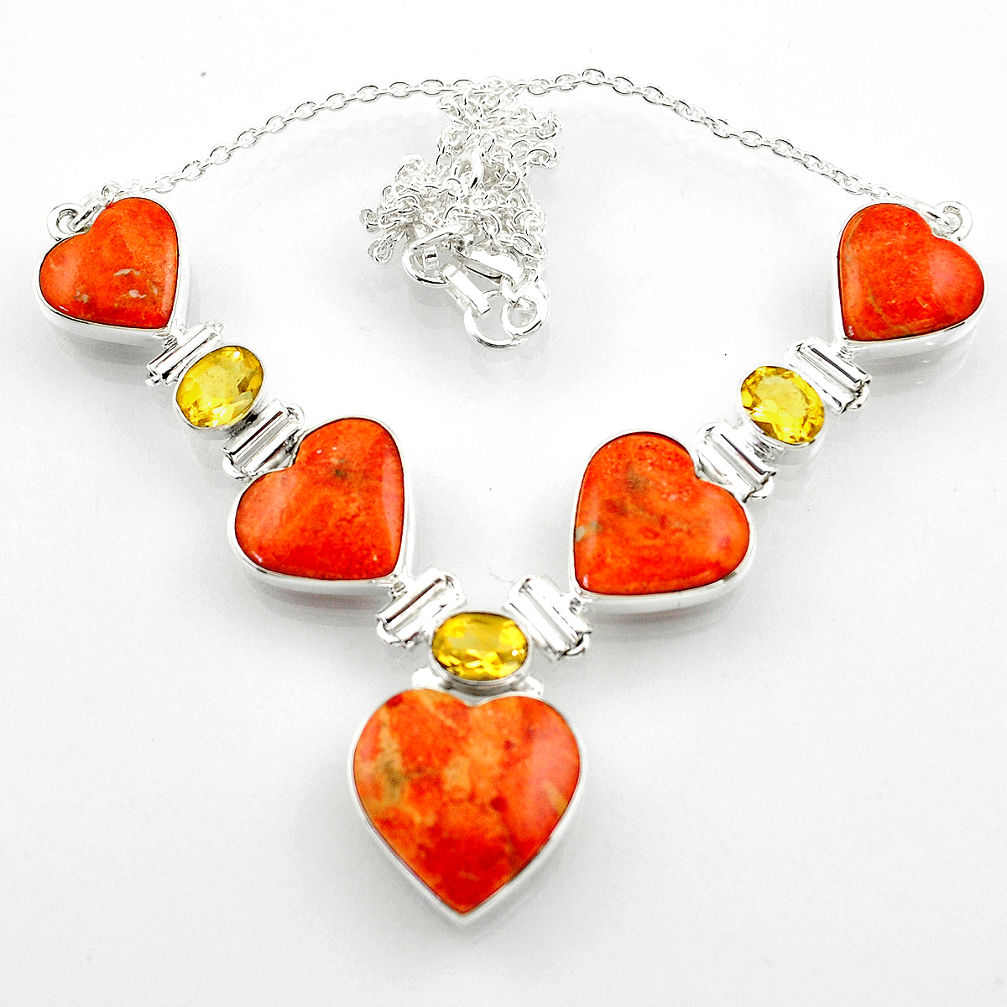 55.85cts red copper turquoise heart citrine 925 sterling silver necklace r52302