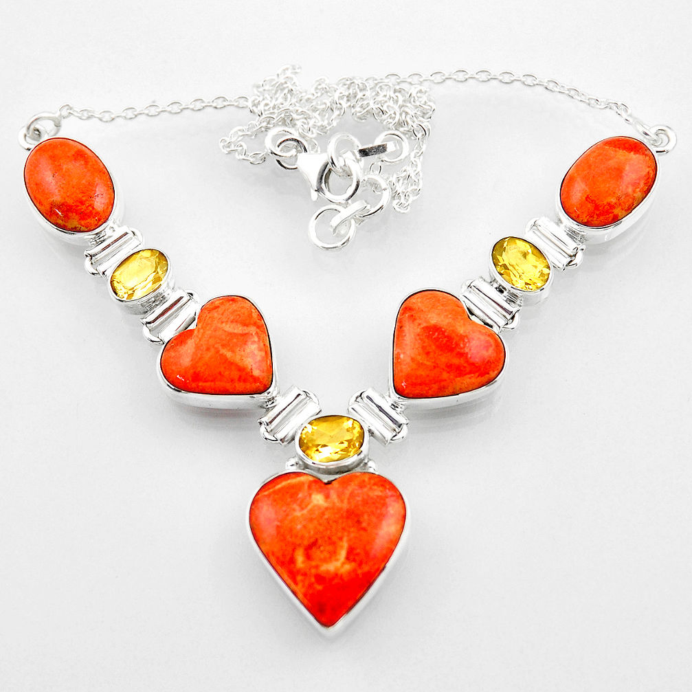 53.64cts red copper turquoise heart citrine 925 sterling silver necklace r52306