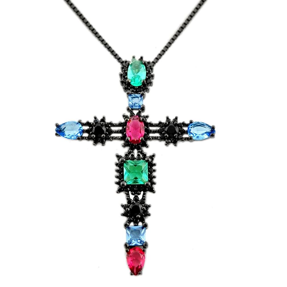 6.75cts rhodium red ruby (lab) emerald (lab) 925 silver cross necklace c9889