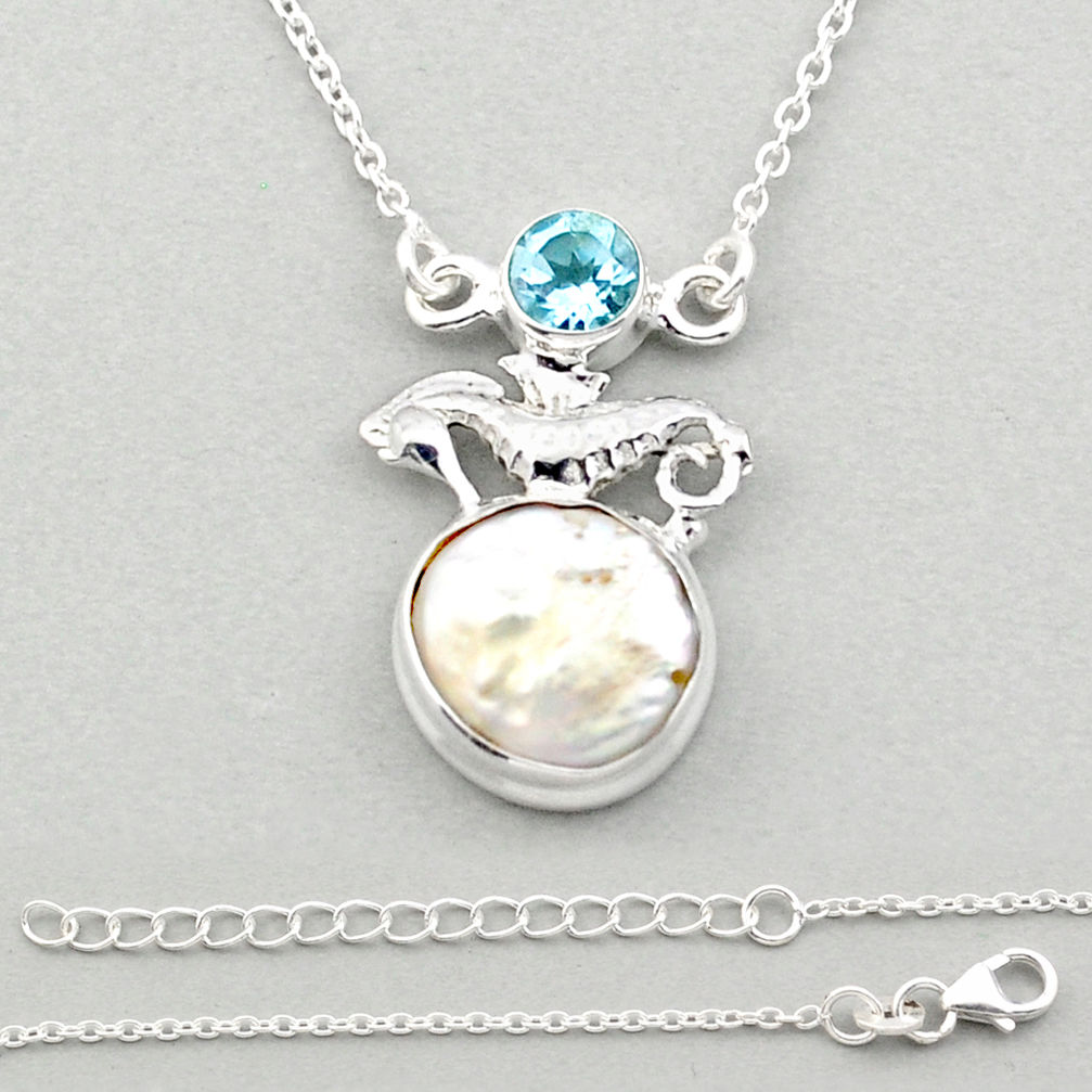 6.99cts seahorse sea life natural white pearl topaz fancy 925 silver necklace u14289