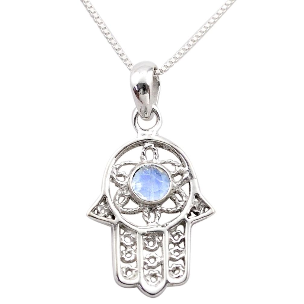 Silver 0.38cts hand of god hamsa natural moonstone 18 inch chain necklace t89284