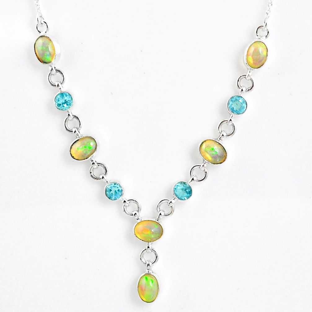 Silver 14.21cts natural multi color ethiopian opal blue topaz necklace r59497