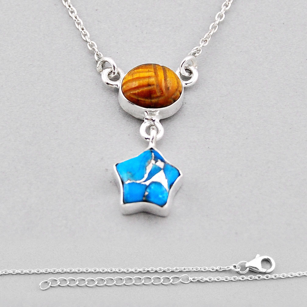 9.77cts star kingman ice blue dahlia brown tiger's eye silver necklace n37737