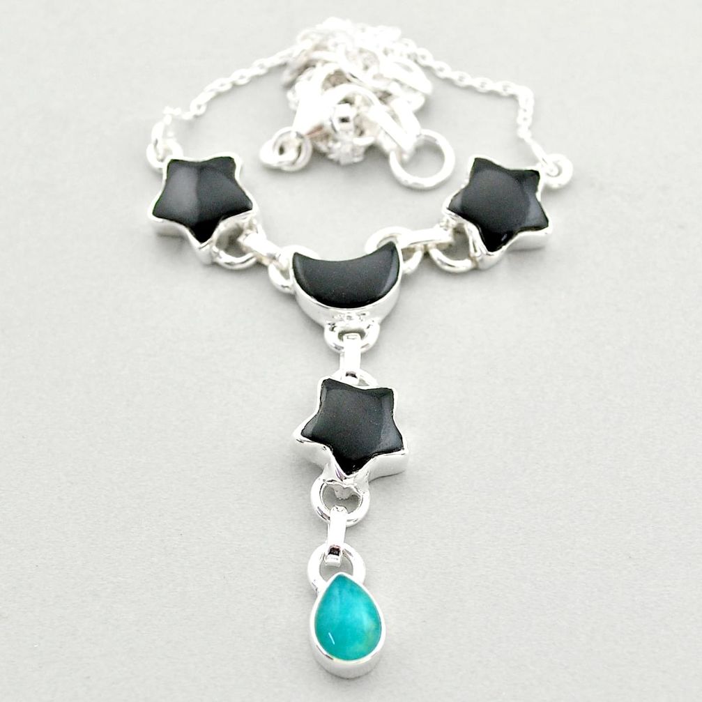 19.43cts star moon natural onyx peruvian amazonite 925 silver necklace t68758