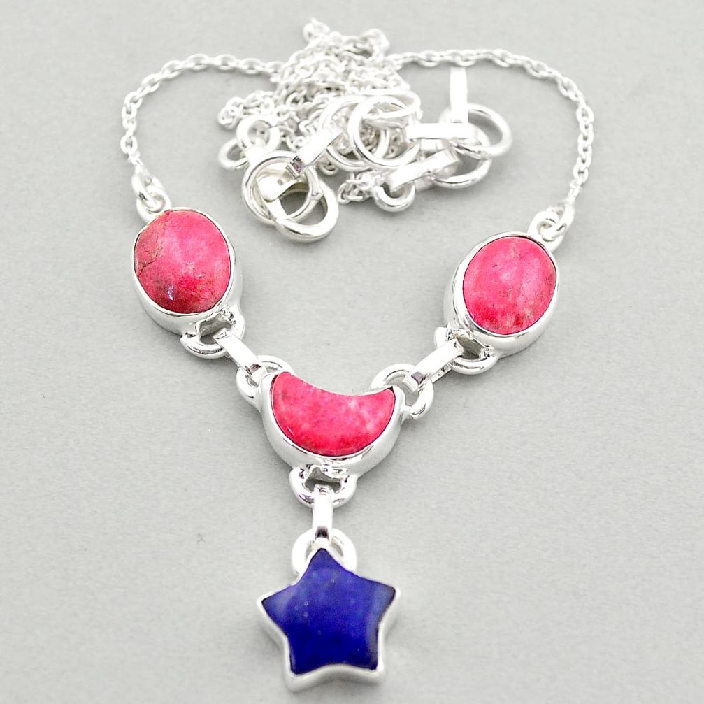 19.43cts star moon natural pink thulite lapis lazuli 925 silver necklace t68691