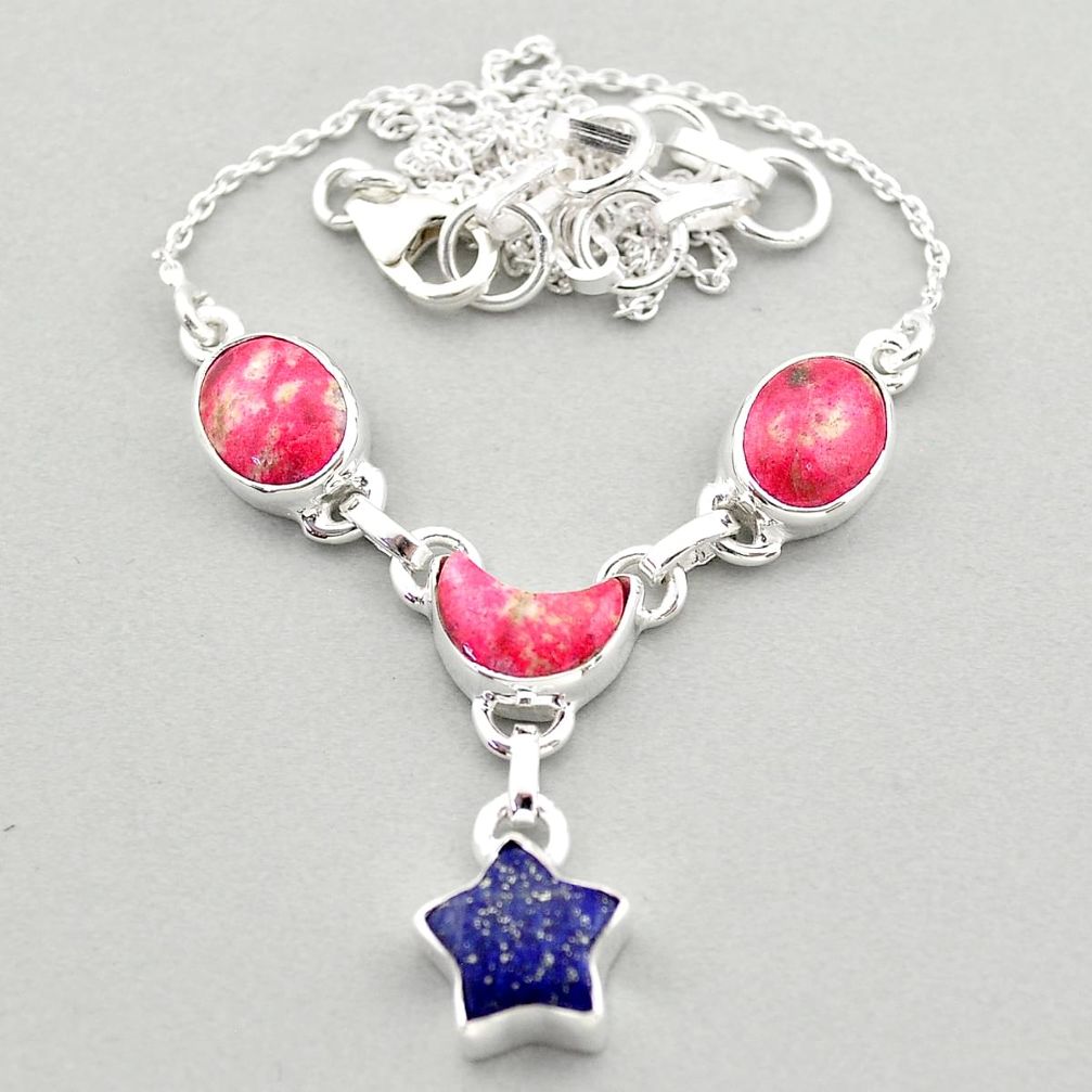 18.98cts star moon natural pink thulite lapis lazuli 925 silver necklace t68693