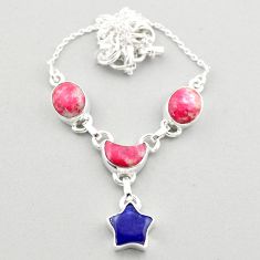 18.41cts star moon natural pink thulite lapis lazuli 925 silver necklace t68709
