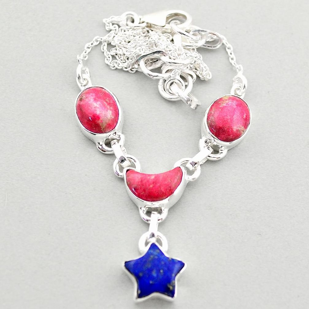 18.01cts star moon natural pink thulite lapis lazuli 925 silver necklace t68711