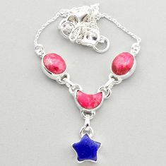 18.41cts star moon natural pink thulite lapis lazuli 925 silver necklace t68731