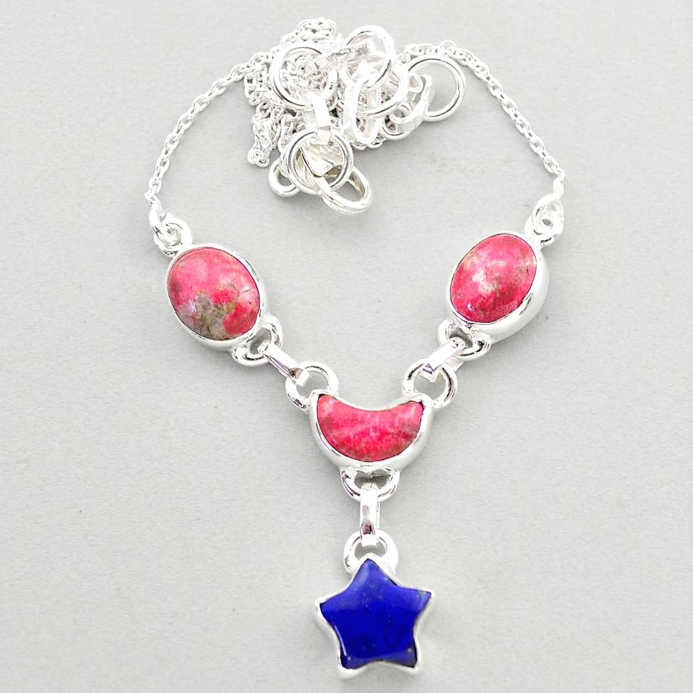 18.01cts star moon natural pink thulite lapis lazuli 925 silver necklace t68732