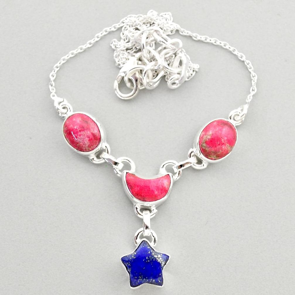 18.41cts star moon natural pink thulite lapis lazuli 925 silver necklace t68733