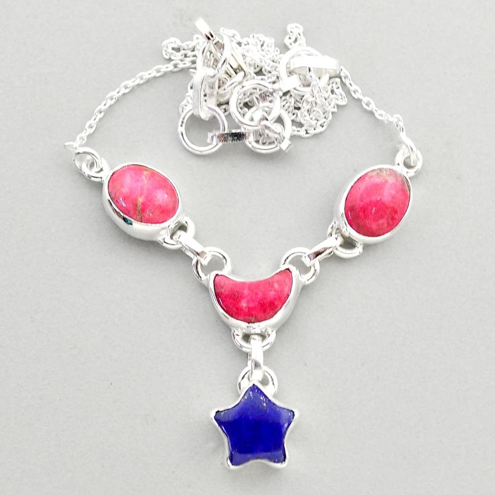 18.39cts star moon natural pink thulite lapis lazuli 925 silver necklace t68735