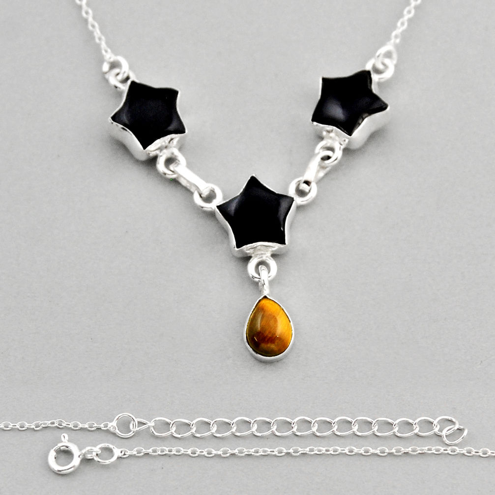 14.47cts star natural black onyx tiger's eye 925 sterling silver necklace y57874