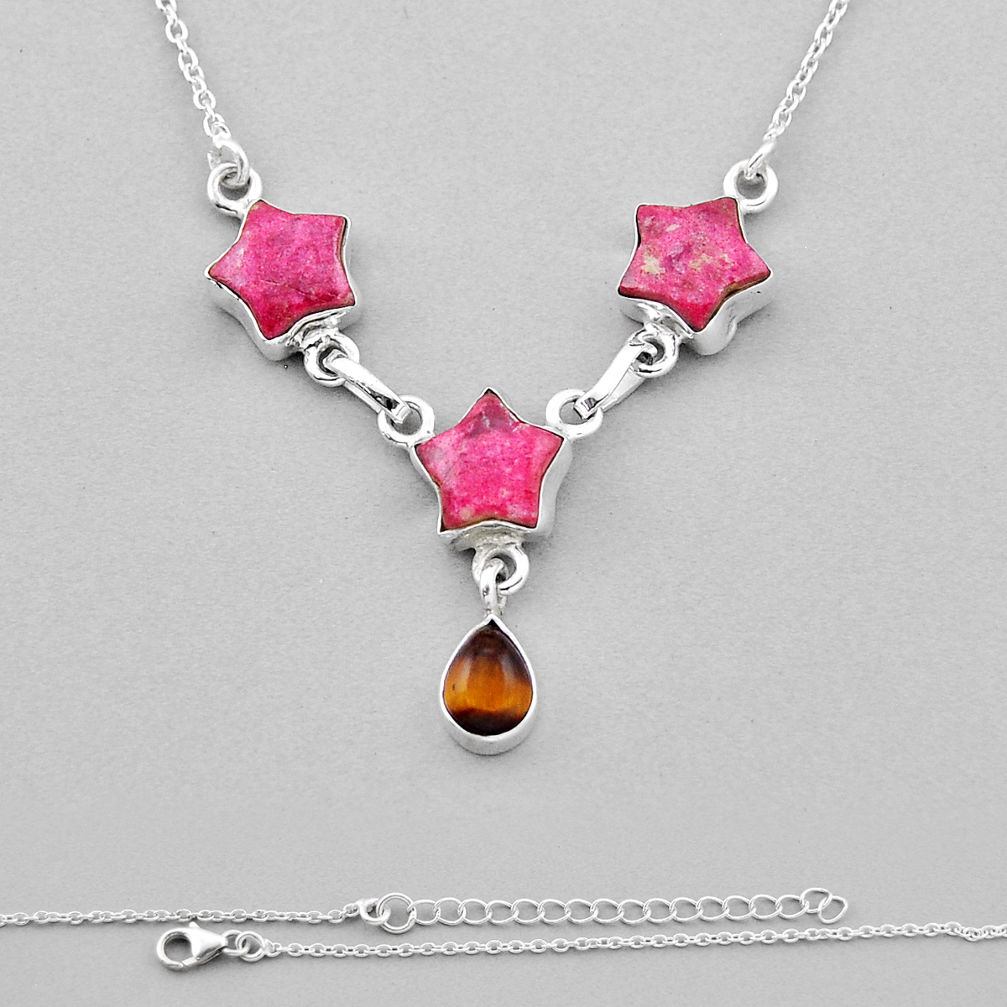 14.51cts star natural pink thulite fancy tiger's eye 925 silver necklace n37719