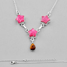 13.65cts star natural pink thulite fancy tiger eye 925 silver necklace n37708