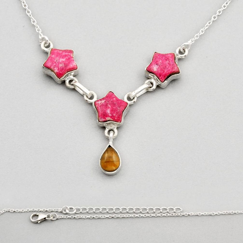 15.26cts star thulite (unionite, pink zoisite) tiger's eye silver necklace n3649