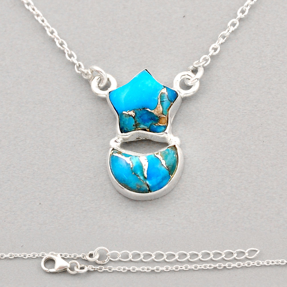 9.05cts star with moon blue copper turquoise 925 sterling silver necklace y92942