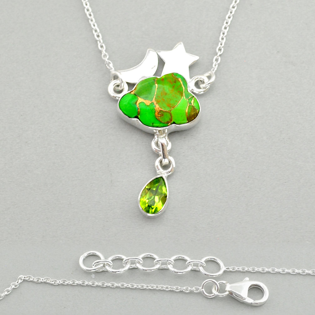 7.34cts star with moon green copper turquoise peridot 925 silver necklace u87517