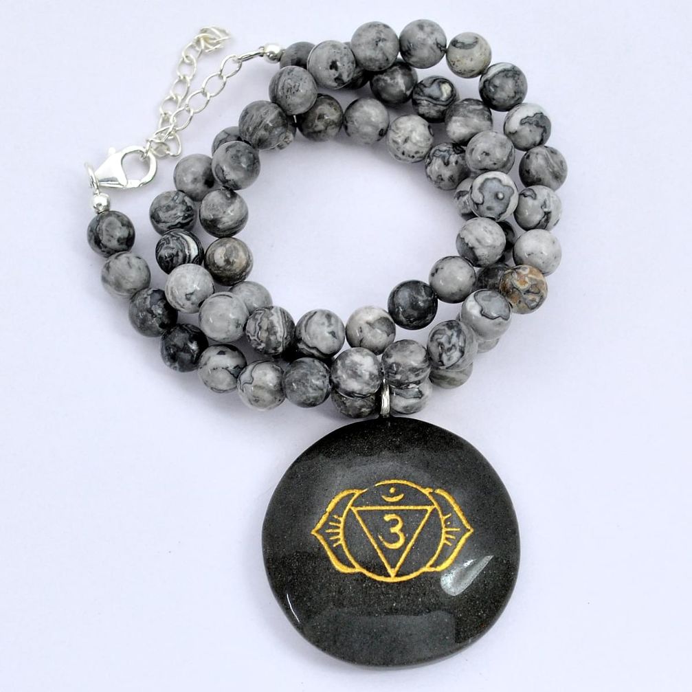 214.32cts third eye chakra agate natural golden 925 silver beads necklace u89540