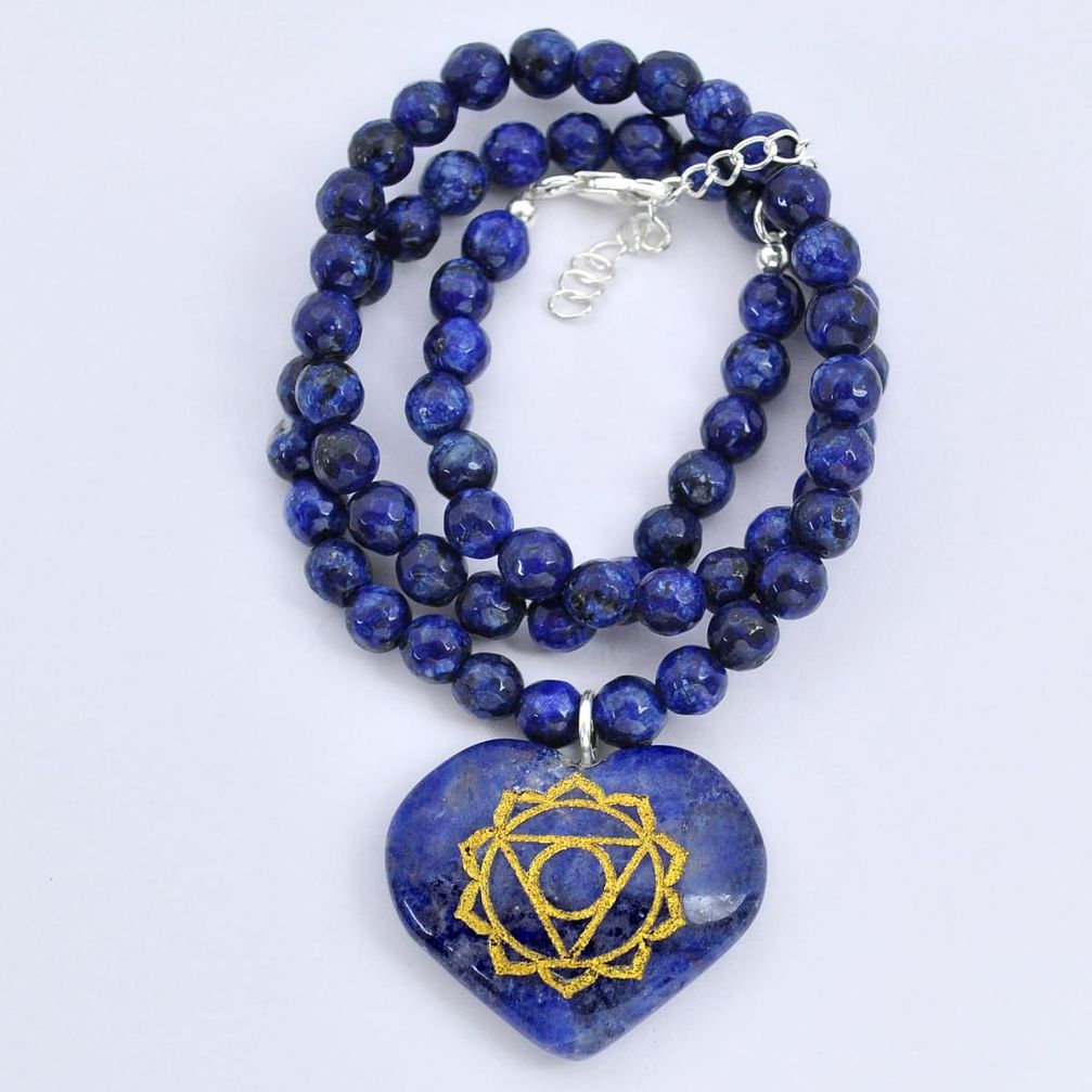 148.75cts throat chakra blue lapis lazuli heart 925 silver beads necklace u89533