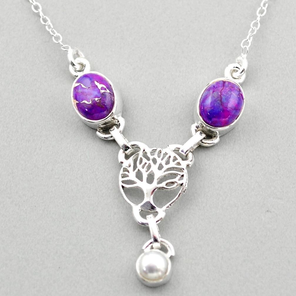 6.73cts tree of life purple copper turquoise pearl 925 silver necklace t88618