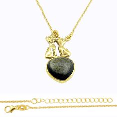 5.29cts two cats natural sheen black obsidian 925 silver gold polished necklace u55969