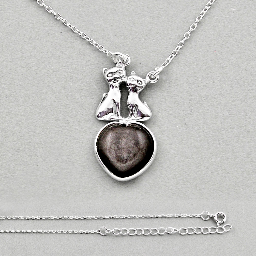 5.47cts two cats natural sheen black obsidian heart 925 silver necklace y88205