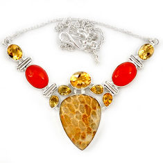 Yellow fossil coral (agatized) petoskey stone citrine 925 silver necklace j13335