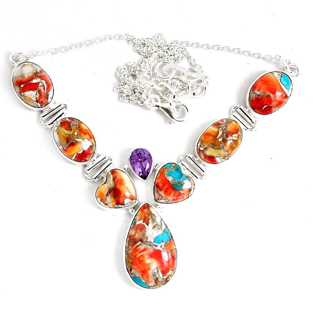 69.90cts multi color spiny oyster arizona turquoise 925 silver necklace p47436