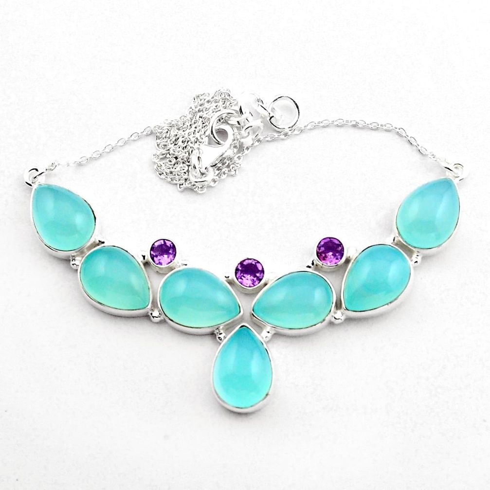 49.40cts natural aqua chalcedony amethyst 925 sterling silver necklace p88621