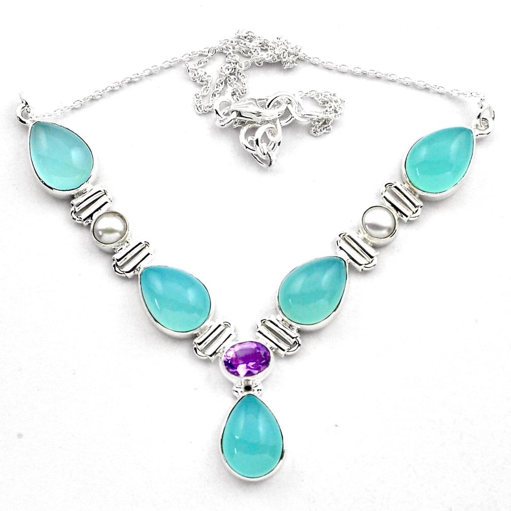 37.41cts natural aqua chalcedony amethyst 925 sterling silver necklace p88625