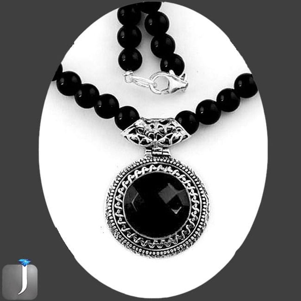 133.70cts NATURAL BLACK ONYX 925 SILVER BEADS PENDANT NECKLACE JEWELRY E88906