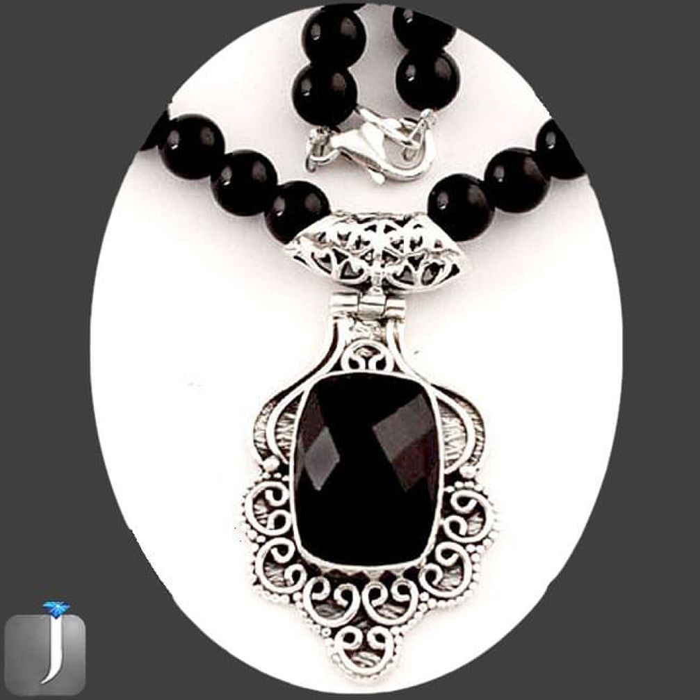 126.10cts NATURAL BLACK ONYX 925 SILVER PENDANT BEADS NECKLACE JEWELRY E84911