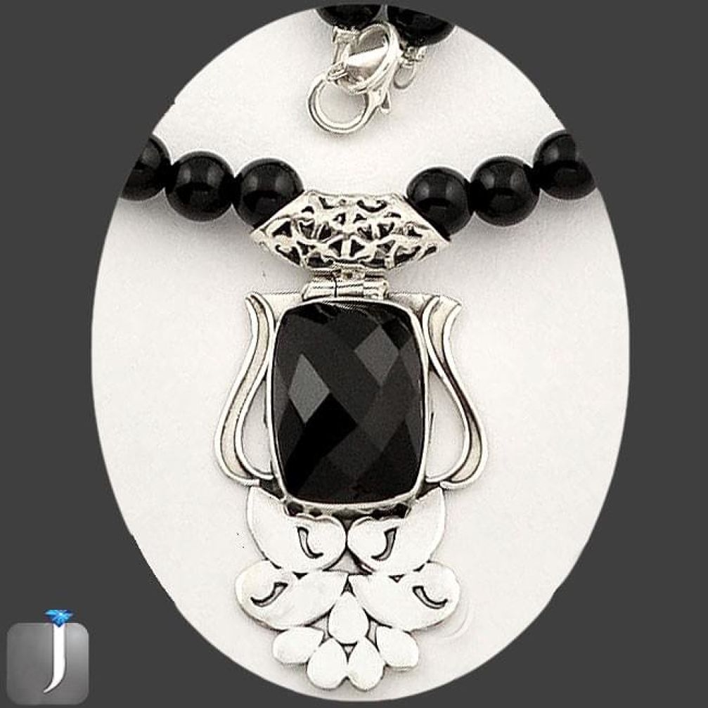 123.75cts NATURAL BLACK ONYX 925 STERLING SILVER BEADS NECKLACE JEWELRY E44874