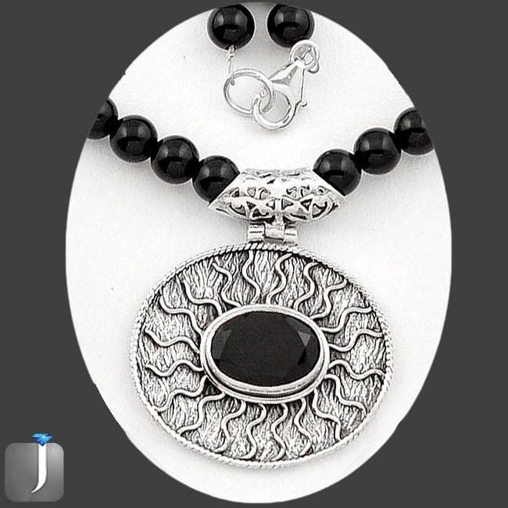 125.17cts NATURAL BLACK ONYX 925 STERLING SILVER BEADS NECKLACE PENDANT E40866