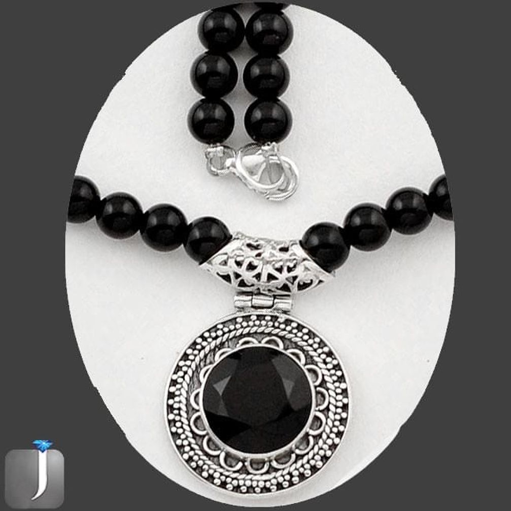 122.85cts NATURAL BLACK ONYX 925 STERLING SILVER BEADS NECKLACE PENDANT E40872